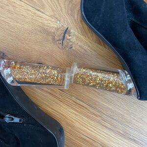 Over the Knee Black Suede-Like Boots with Gold-Flecked Heel